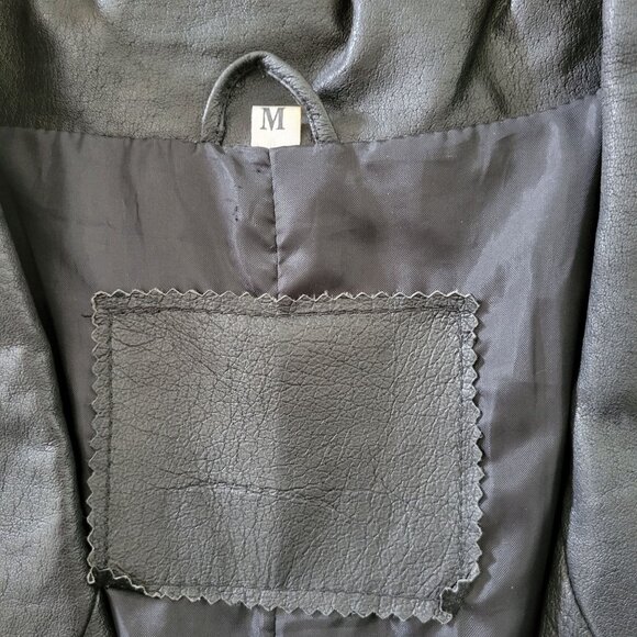 Structured Black Leather Trench Coat M Slouchy Oversized 90s Y2K Gorpcore Pocket - Picture 2 of 7
